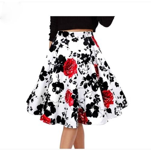 Womens Vintage Retro Skirt High Waist Flared Lolita Christmas Skirt Polka Dot Foral Print Rockabilly Casual Skirt Saia