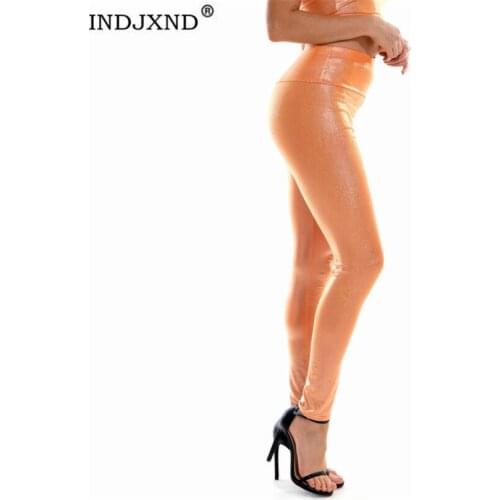 INDJXND Fashion Metallic Leggings Women Solid Metallic Gold Silver Leggings Party Skinny Pants Shiny Fitness Pencil Legging New