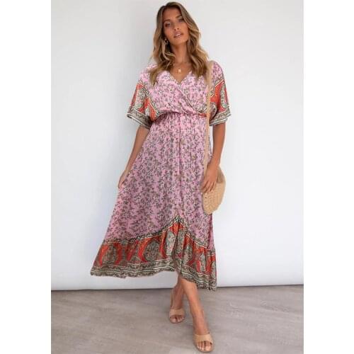 Summer Women Bohemian Casual Loose Floral Short Sleeve A-line Beach Dress Vintage High Waist Sexy Deep V-neck Boho Dress