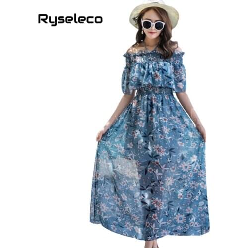 Ryseleco Women Bohemian 2018 Summer Beach A-Line Long Dress Floral Print Elastic Waist Cold Shoulder Holiday Chiffon Maxi Dress