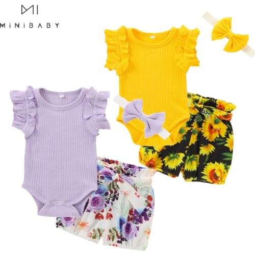 2021 Newborn Baby Girl Set Twins Clothes Summer Bodysuit+shorts 3pcs Infant For Kids sunflower baby Clothing Toddler Costume
