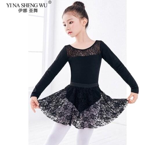 Ballet Practice Clothes Long&Short Sleeve Black Dance Leotard Lace Skirt Suit Girls Kids Children Ballet Gymnastics Leotard