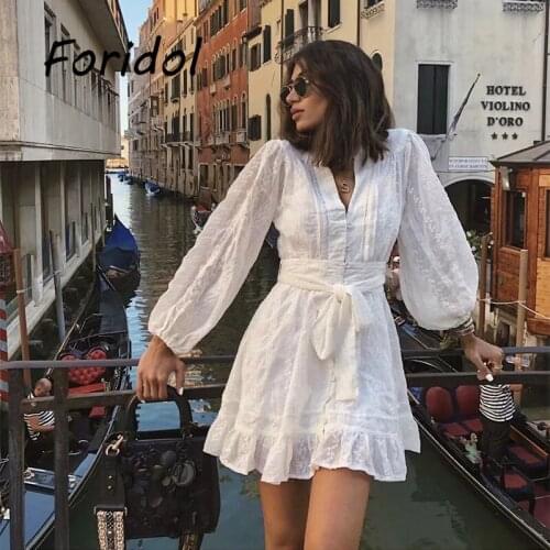 Embriodery White Lace Dress Women Cotton Lantern Long Sleeve Autumn Winter Dress Hollow Out Button Sash Pleated Dress Quality