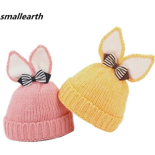 New Autumn Winter Children Hat with Bowknot Cute Bunny Ears Girls Hat Baby Plush Warm Hat Knitted Kids Thick Cap Girl Beanie Cap