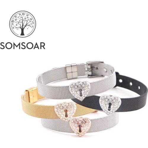 Drop shipping Somsoar Jewelry Lock to your Heart Mesh Bracelet Set DIY Charm Stainless Steel Bangle for Mothers Day Best Gift
