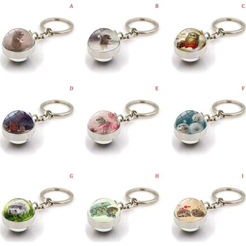 1pc Cute Hedgehog Keychain Pendant Cabochon Jewel Glass Ball Metal Keychain Animation Cartoon Keyring Jewelry