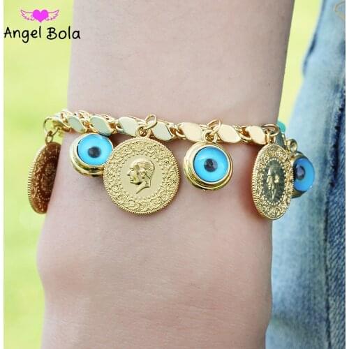 Fashion Luxury Gold Jewelry Women Coin Lucky Evil Eye Couple Charm Bracelet Wedding Gift Wholesale