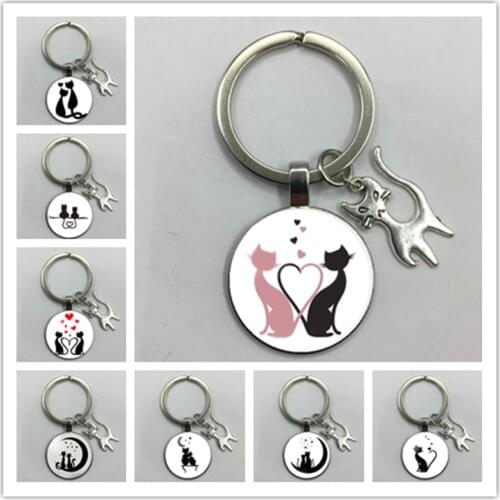 Fashion cute cartoon cat beauty keychain glass round photo glass cabochon keychain key ring gift jewelry
