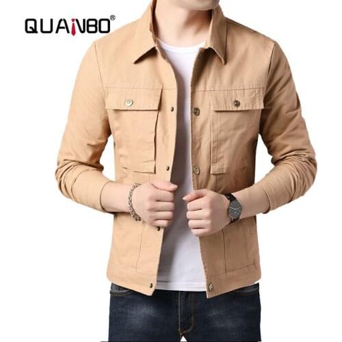 QUANBO Mens Washed Military Jacket 2020 Autumn New Korean Trun Down Collar Youth Casual Short Mens Jacket Brand Clothing
