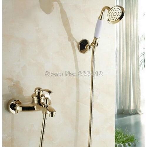 Gold Color Brass Bathroom Bathtub Shower Faucet Set Single Handle Mixer Tap with Wall Mounted Ceramic Hand Held Shower Wtf402