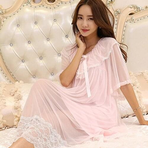 New Spring Womens Nightdress Mesh Lash Bow Short Sleeve Nightgown Sleepshirt Princess Cute Sexy Homedress Nightwear Sleepdress