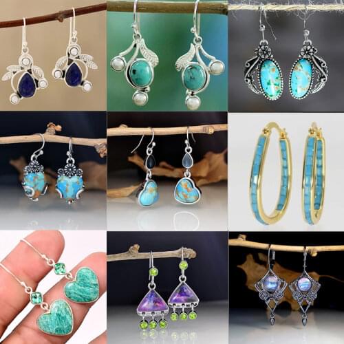 New Arrival Natural Turquoise Stone Retro Feather Leaf Earrings European Fashion Women Heart Pearl Moostone Hook Dangle Earrings