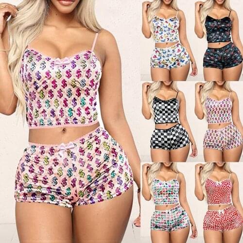 2 Pieces Pyjamas Women Butterfly Printed Soft Sexy Nightwear Suit Lace Lingerie Set Pleated Sleepwear Sets Lady Top+Loose Shorts