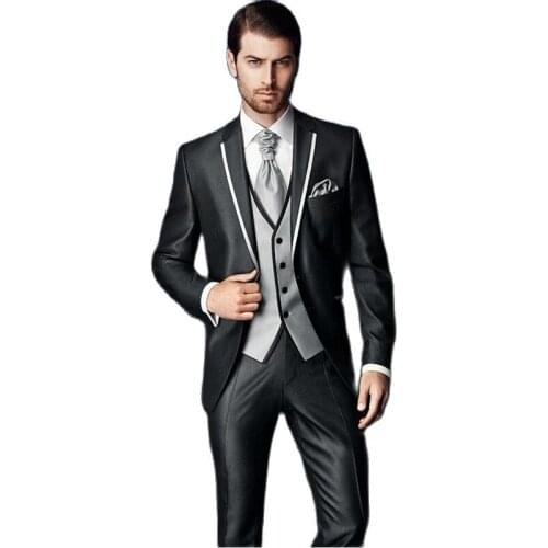 Customize Shiny Black Handsome Groom Tuxedos Mens Business Suits Evening Dress Toast Clothes (Jacket+Pants+Vest+Tie) NO:058