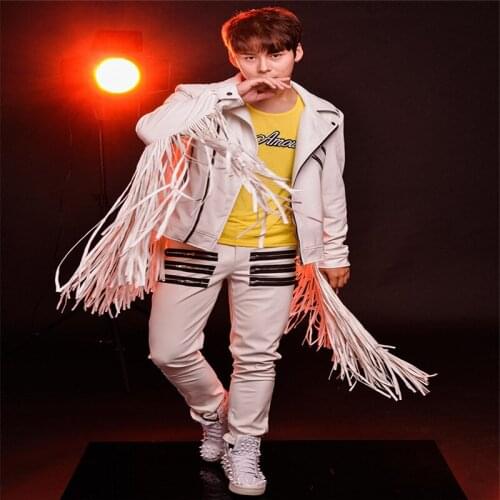R54 Singer stage leather outfits host dance costumes performance show dress clothing tassel men suit dj jacket pants wears bar