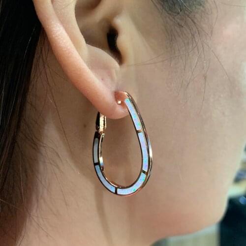 Beautiful Opal Women Earrings Rose Gold Color 925 Sterling Silver White Opal Hoop Earrings Huggies Earrings For Gift