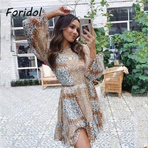 Foridol Floral Print Long Sleeve Spring Autumn Chiffon Dress Women O-neck Beach Short Dress Vintage Boho Mini Dress 2021