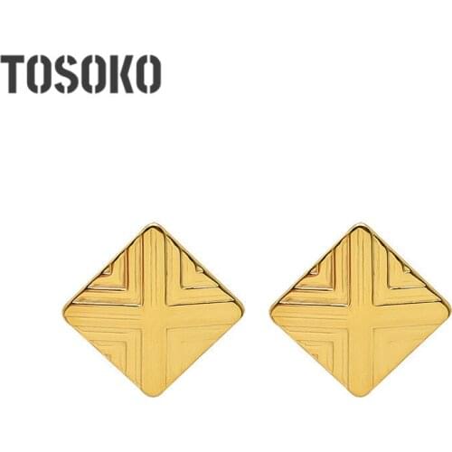 TOSOKO Stainless Steel Jewelry Square Pattern Earrings Fashionable And Atmospheric Lady Earrings BSF381