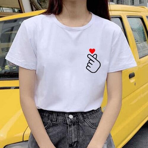T Shirts Women Heart Love Print Tshirt White Top Short Sleeve Harajuku Graphic Casual 90s Funny Tees Girl Female T Shirts Women