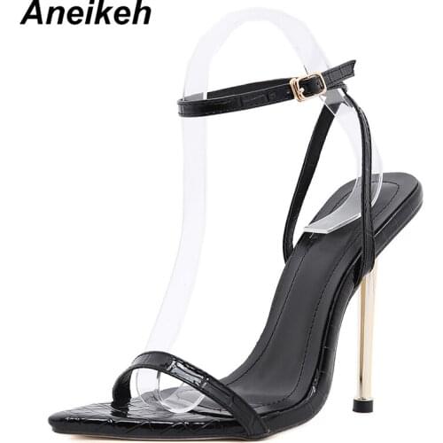 Aneikeh NEW Summer Women Shoes Rivet Pointed Toe High Heels Alligator PatternNarrow Band Retro Fashion Sexy Sandalias Mujer 2021