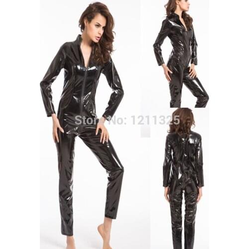 Free Shipping instyles Tight Sexy Women Catsuits Black Leather Women Jumpsuits High Quality Catsuits Front Zipper s-3xl
