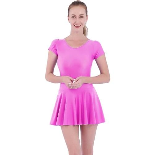 Aoylisey Women Pink Ballet Dance Leotard With Skirt One Piece Short Sleeve Skirted Bodysuit Latin Scoop Neck Gymnastics Dresses