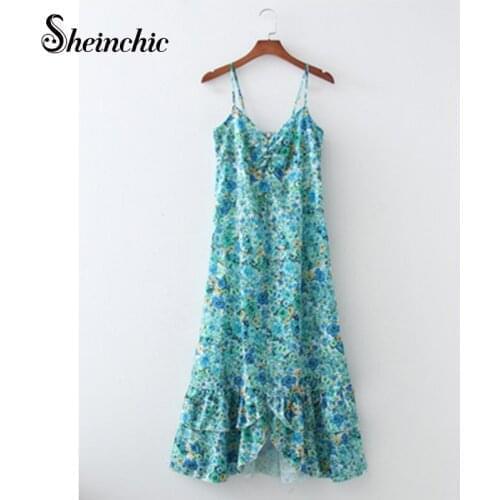 Elegant Ruffles Chiffon Beach Dress 2021 Boho Blue Floral Printed Pleated Long Dresses for Women Summer