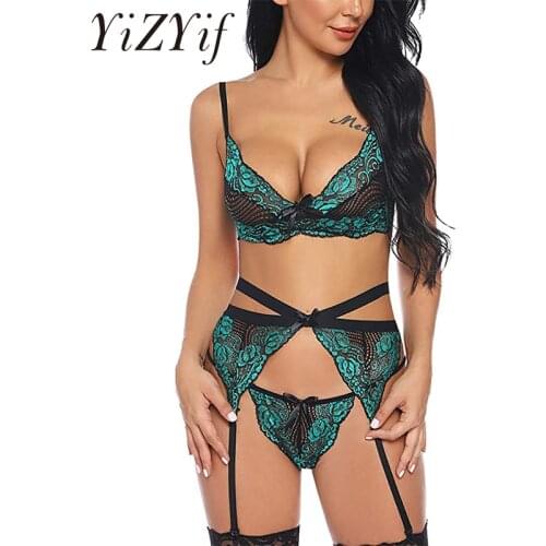 3pc Sexy Ultra-thin Lace Bra Set For Ladies Erotic Floral Lace Lingerie Deep V Neck Bra Top with Garter Belt & G-string Thong