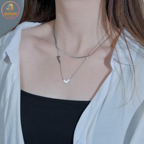 Akizoom New Stainless Steel Double Layers for Womens necklace Heart Love Thin Chain Pendant Choker Jewelry Gift FreeShipping