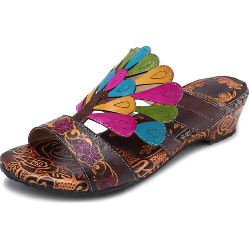 Cross border 2020 summer Bohemian Retro Leather peacock handmade super comfortable adjustable instep sandals slippers