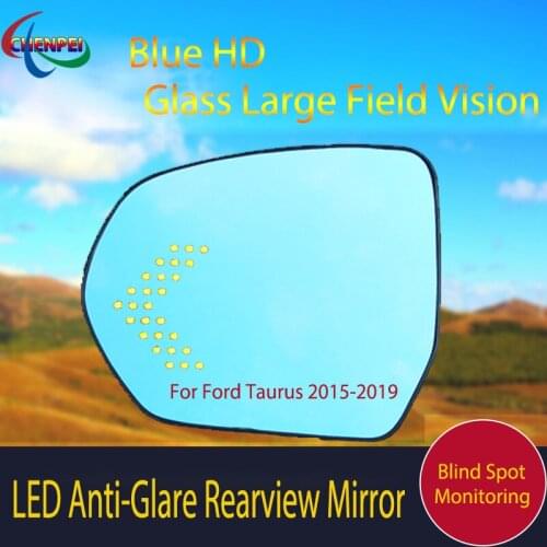 Large View Blue Mirror Anti-Glare Electrically Heated Rearview Mirror With LED Turn Indicator For Ford Taurus 2015-2019