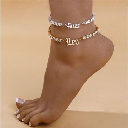 12 Constellation Anklets For Women Zircon Crystal Zodiac Ankle Bracelet Cancer Leo Virgo Leg Foot Chain Beach Jewelry Tobillera