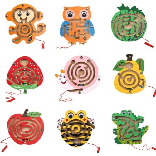 Wooden Magnetic Track Maze Toy Cute Animal Cartoon Toy Brain Teaser Intellectual Jigsaw Board Kids Early Educational Puzzle Game