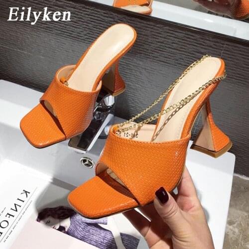 Eilyken Gladiator Women Sandals Summer New Cup Heel Fashion Design Metal Chains Back Strap High Heels Party Slippers Dress Shoes