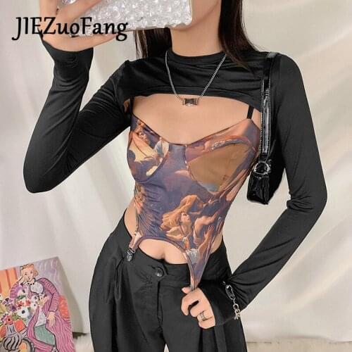 JIEZuoFang Gothic Style 2020 New Women T-shirt Sexy Stitching Tops Female Slim Punk Fashion Print Popular Girls T-Shirts