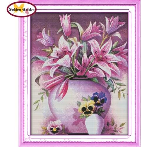 GG Pink Lily Pattern Counted Cross Stitch Embroidery Needlework Sets 11CT14CT DIY Handicraft Cross Stitch Kits for Home Decor