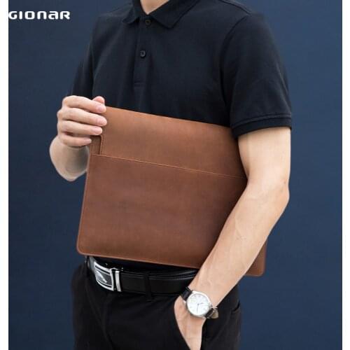 GIONAR Crazy Horse Leather Laptop Tablet Sleeve Protective Bag Mens Large Clutch Business Vinatge Real Cow Hide Envelope Bag