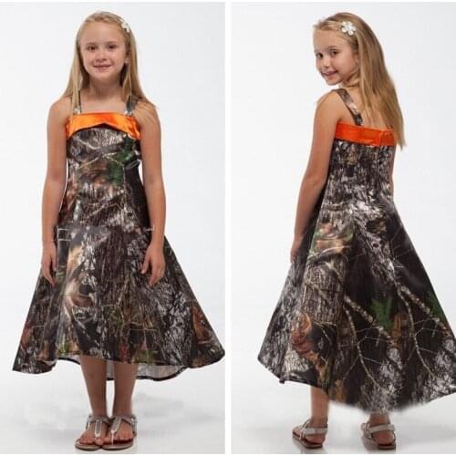 Spaghetti Camo A-Line Flower Girls Dresses Tea-Length Camouflage Slim Custom Countryside Real Tree Girls Formal Wear 2019