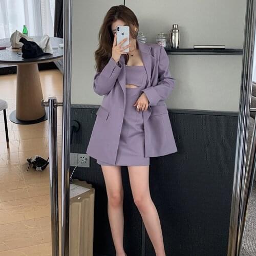 Two Piece Mini Dress And Coat Set Long Sleeve Loose Fit Blazer Spaghetti Strap Sexy Solid Spring Autumn Elegant Women Outfits
