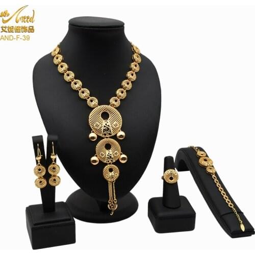 African Jewelry Set Nigerian Wedding For Women Gold Plated Bridal Luxury Necklace Earrings Bracelet Ring Set Ornament Gifts