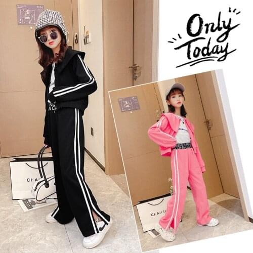 Girls' suit autumn 2021 new medium and large childrens cardigan jacket wide-leg pants sportswear two-piece set