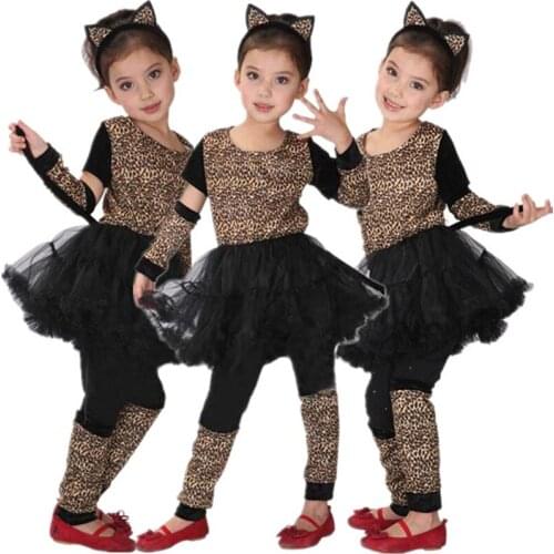 Children Leopard Girl Costume with Headband Carnival Halloween Kids Girls Cosplay Clothes Animal Masquerade Fancy Dress
