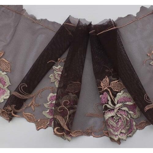 2Yards Embroidered Lace Trim Dark Coffee Flowers 19.5cm Wide Mesh Lingerie Bra Underwear Handmade Dress Sewing Fabrics New