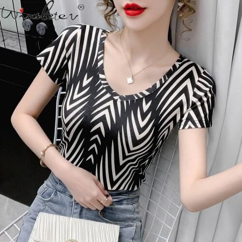Summer European Style Slim T-Shirt Fashion Sexy V-Neck Print Women Tops Casual Bottoming Shirt All Match New Tees 2021 T13925A