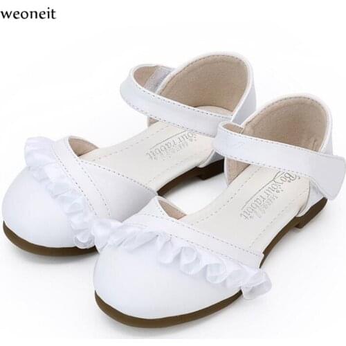 Weoneit Summer Girls Shoes Ruffles Flats Princess Shoes Baby Dance Shoes Kids Sandals Children Wedding Shoes Black White CN25-34
