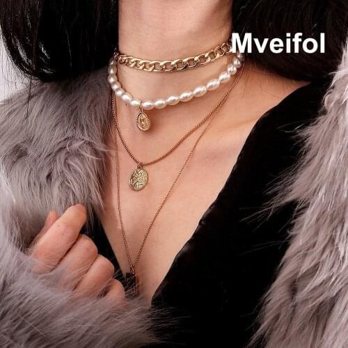 Mveifol Fashion Multi Layered Pearl Figaro Chain Choker Necklace Collar Crystal Portrait Coin Pendant Necklace for Women Jewelry