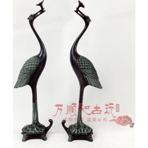A Pair of Collection copper Ganoderma lucidum Red-crowned crane Dragon Turtle statues
