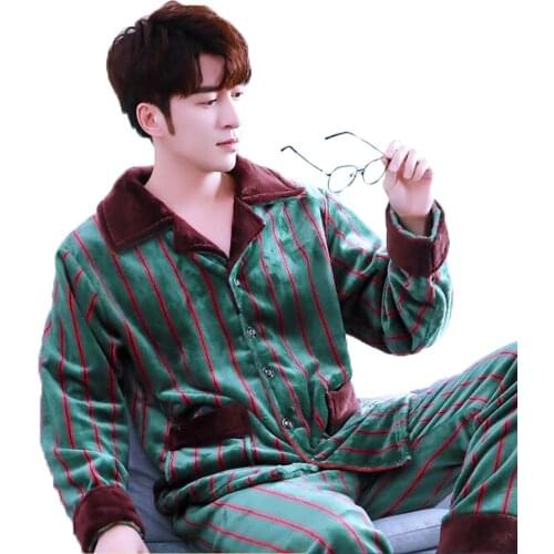 2PCS Pajamas Sets Men Pijama Hombre Winter Thick Warm Flannel Sleepwear Sleep&Lounge Pyjama Set Home Suit Homewear Plus Size