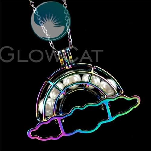 R-C801 Colors 50mm Cloud Rainbow Beads Cage Pendant Perfume Diffuser Aromatherapy Pearl Cage Locket Necklace