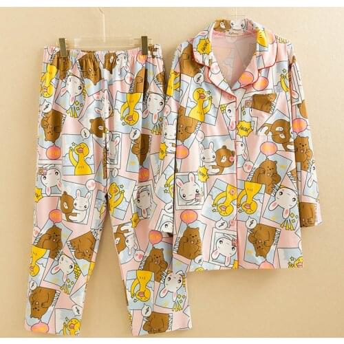 Plus size spring autumn cotton cartoon long-sleeved pajamas set bust 140cm 4XL 5XL loose sweet cute home service 4 colors